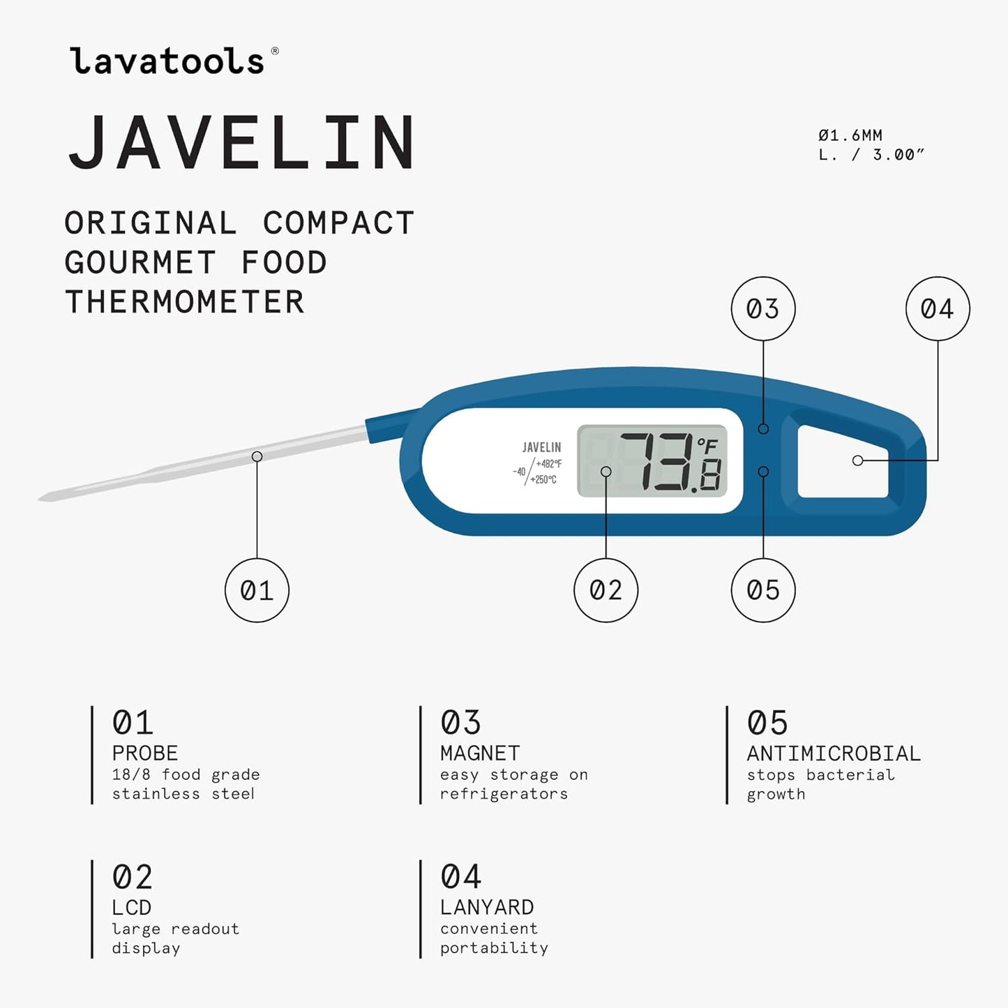 Lavatools Javelin® Ultra-Fast 3-Second Digital Instant Read Meat Thermometer for Grill and Cooking, 2.75" Probe, Compact Foldable Design, Large Display, IP65 Water Resistant, NSF Certified – Sesame