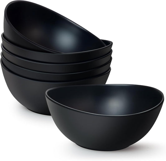 6.2'' Bamboo Fiber Cereal Bows Set of 6, Soup Bowls 24 Oz for Serving Salad, Snack, Side Dishes, Modern Oval Lightweight Bowls for Breakfast,Lunch and Dinner, Dishwasher and Freezer Safe(Matte black)