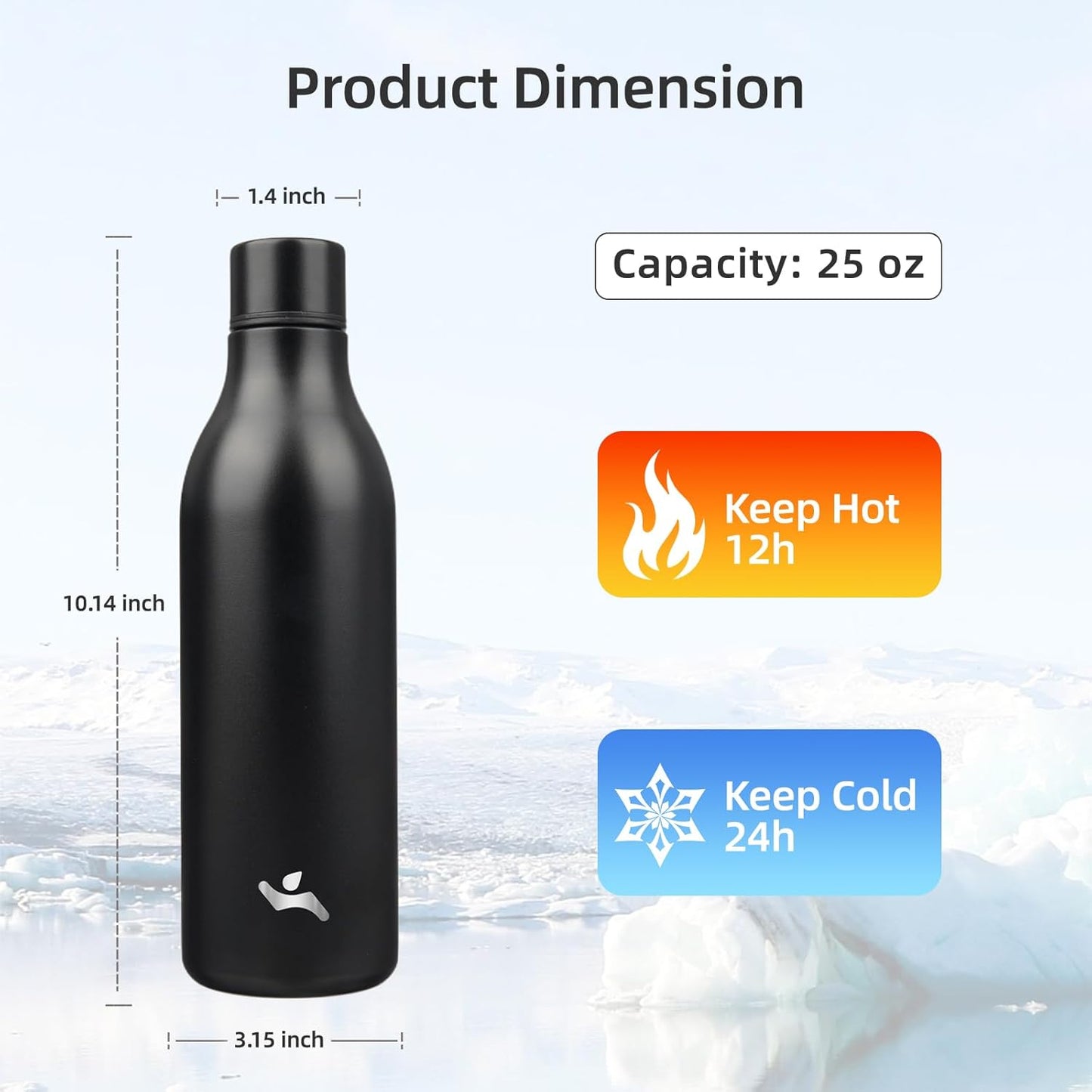 Insulated Water Bottle with Strap,25 oz Double Wall Stainless Steel Vacuum Bottles Metal Water Flask,Black