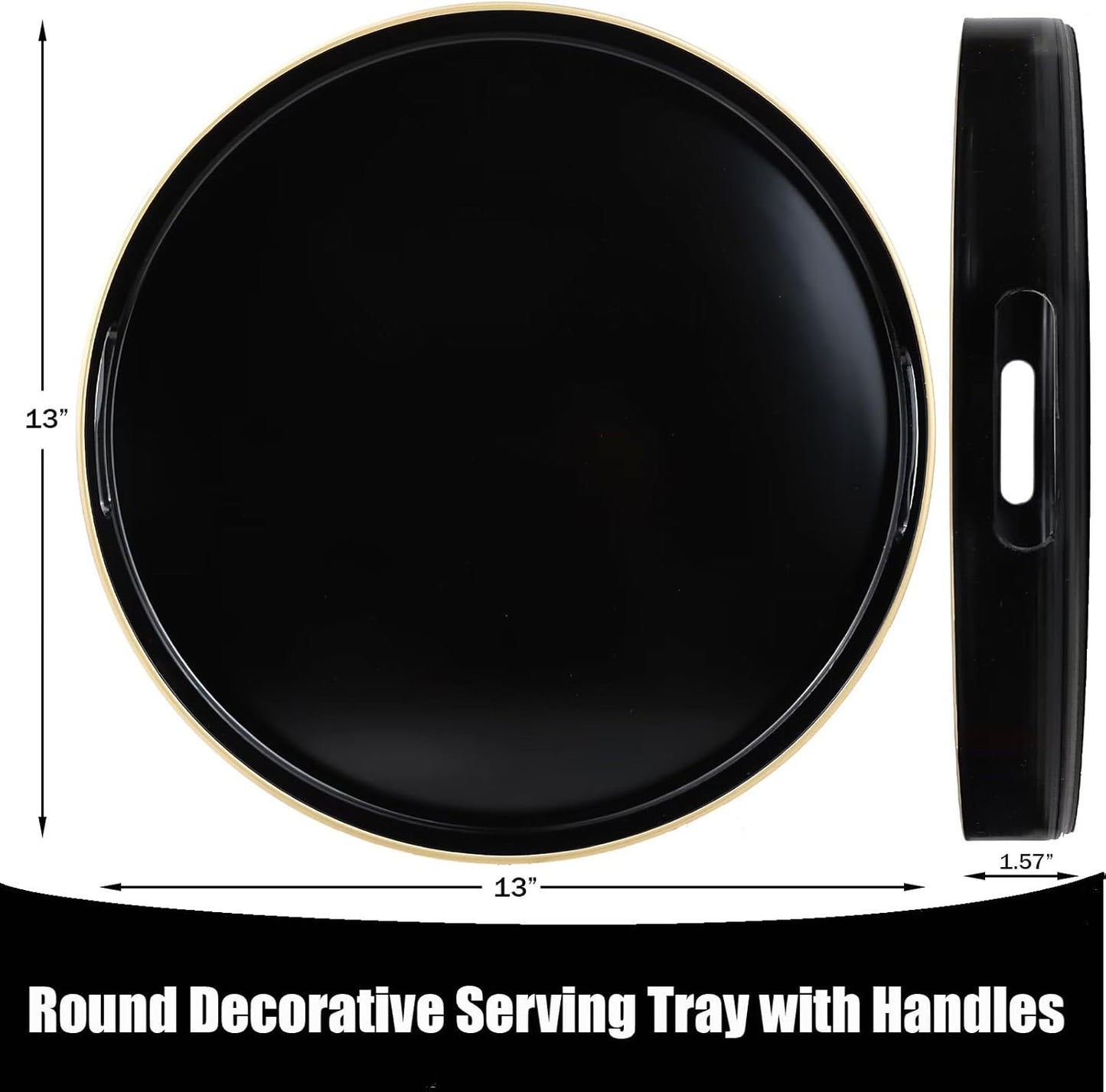 Black Round Decorative Tray with Handles, 13" Versatile Serving Tray for Coffee Table, Ottoman, Ideal for Serving, Displaying, Organizing