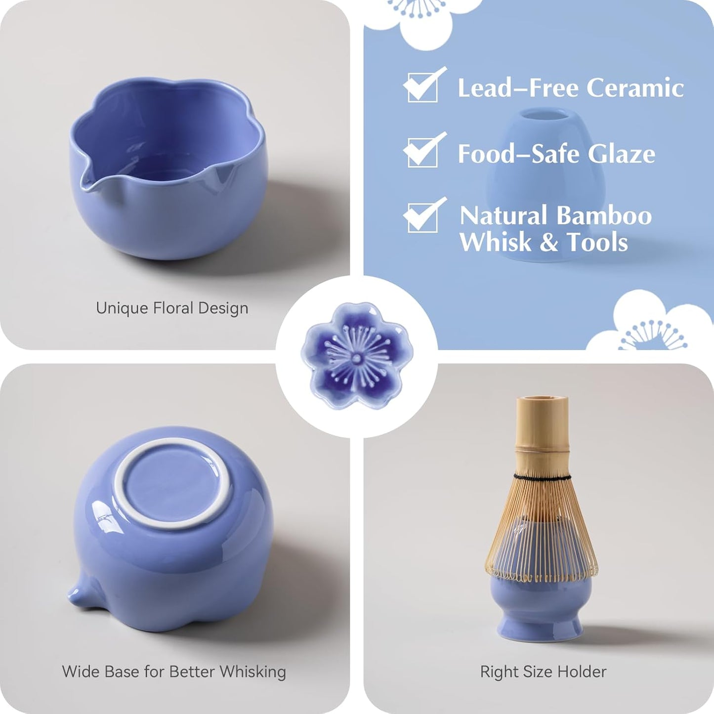 Matcha Set, 8Pcs Floral Ceramic Matcha Set with Matcha Whisk, Holder, Scoop, Scoop Rest, Sifter, Spoon and Tea Towel - Thoughtful Matcha Whisk Set Gift for Matcha Lovers (Blue)