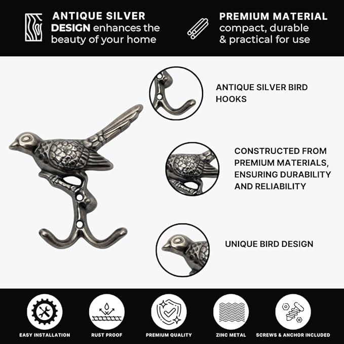 6 pcs Antique Silver Bird Decorative Wall Hooks - Image 5
