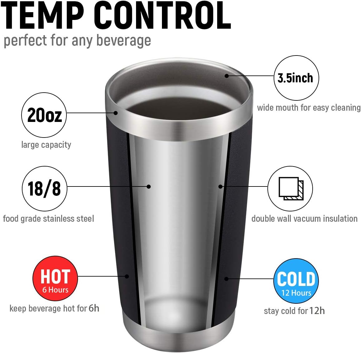 COMOOO 20oz Tumbler Stainless Steel Insulated Travel Mug Vacuum Double Wall Coffee Cup for Hot Beverage and Cold Drinks,Home and Outdoor（Black, 1 Pack）