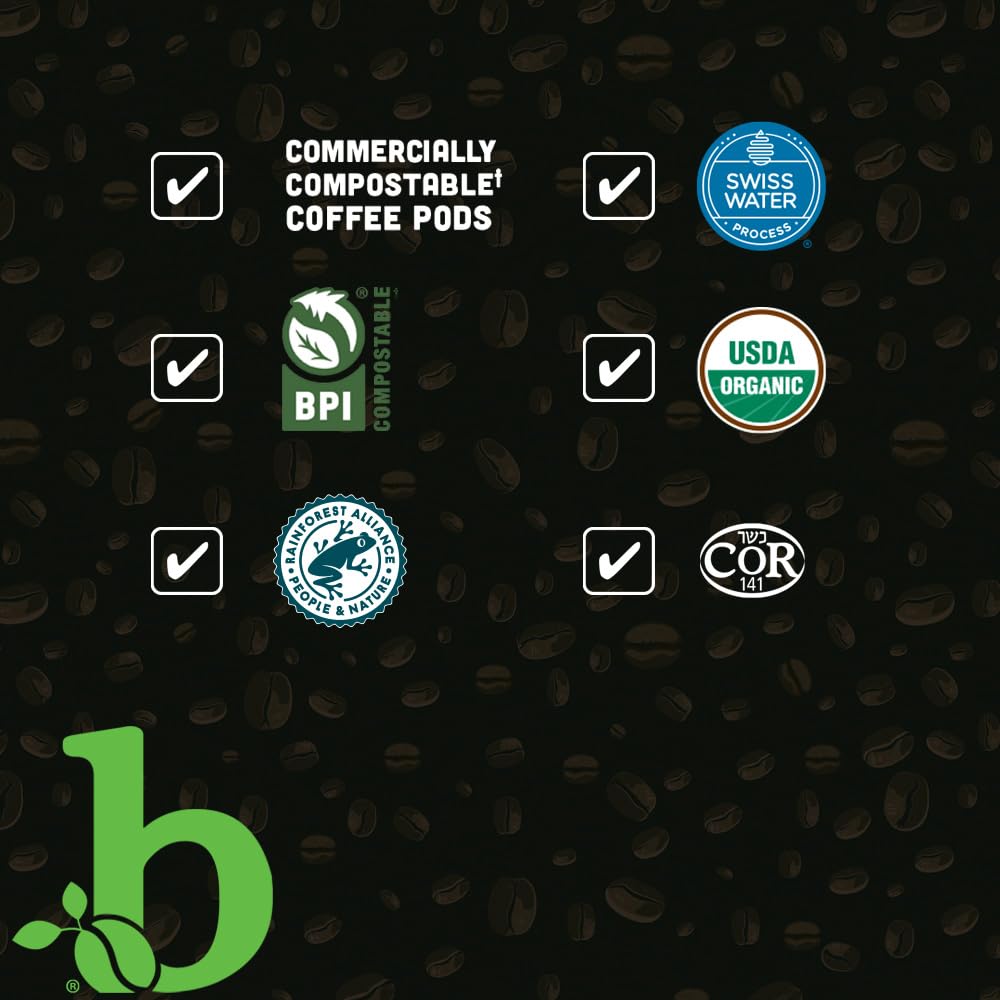 beaniac Organic Downtime Decaf Swiss Water Decaffeinated, Medium Roast, Single Serve Compostable K Cup Coffee Pods, Organic Arabica Coffee, Keurig Brewer Compatible, 30 Count