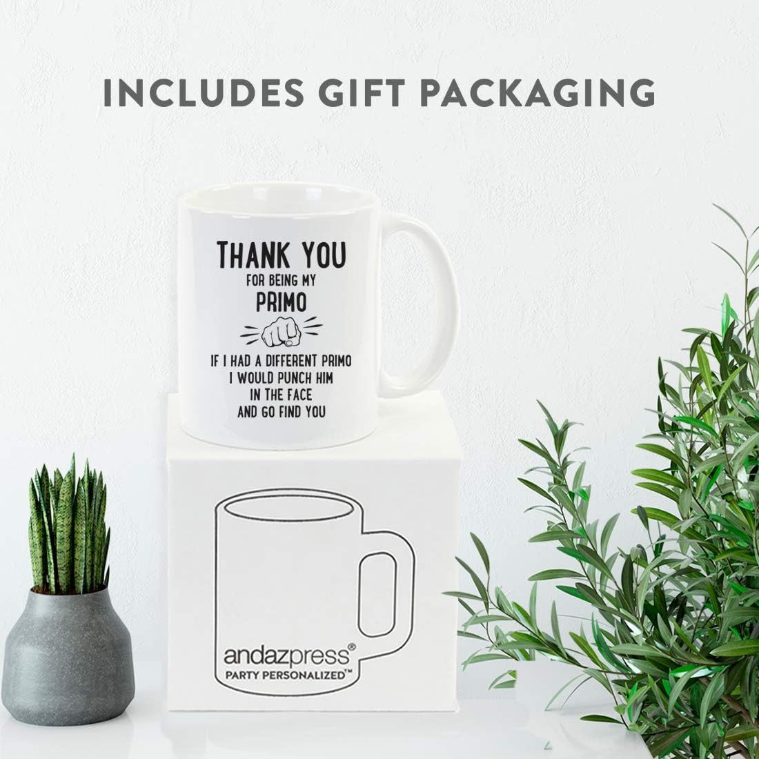Andaz Press Funny Family 11oz. Coffee Mug Gift, Thank You for Being My Primo, Punch in Face, 1-Pack, Christmas Birthday Drinking Cup Present Ideas