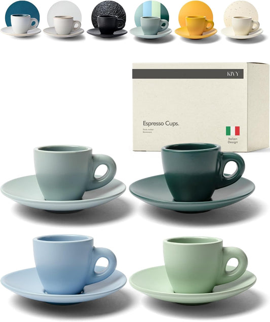 KIVY Espresso Cups Set of 4 [Set 4x 3oz]- Espresso Set Thick Walled Stoneware Espresso Cup Set - Italian Style Espresso Cups and Saucers - Coffee Mugs - Pastell Green, Blue