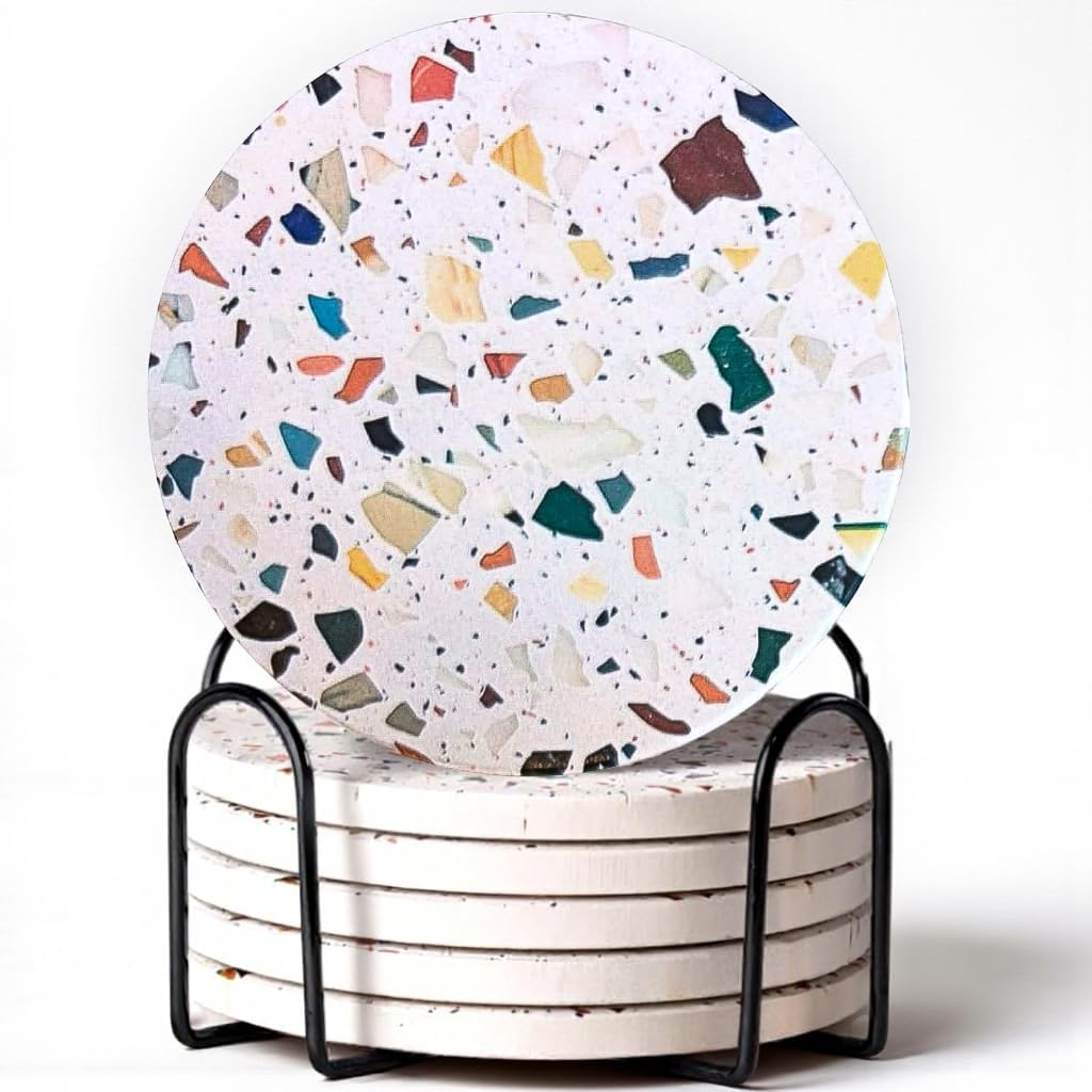 Absorbent Coaster Set of 6 with Holder, Drink Coasters for Coffee Table, Kitchen, Home Decor, Cute Ceramic Round Coasters, Alternative to Silicone, Cork or Glass Coaster (Mosaic with Black Holder)