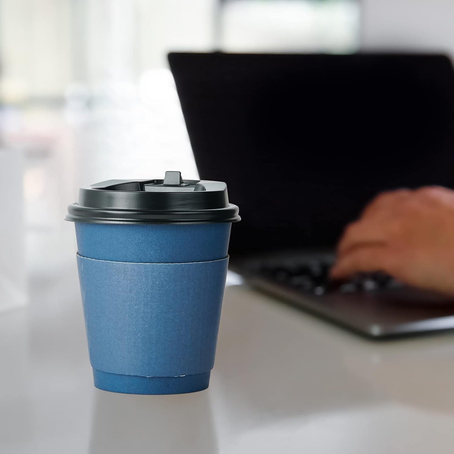 LITOPAK 100 Pack 10 oz Disposable Paper Coffee Cups with Lids, Sleeves and Stirring Sticks for Hot Coffee, Water or Juice, Blue and Gray Hot Paper Cups for Cafes, schools, offices, shops