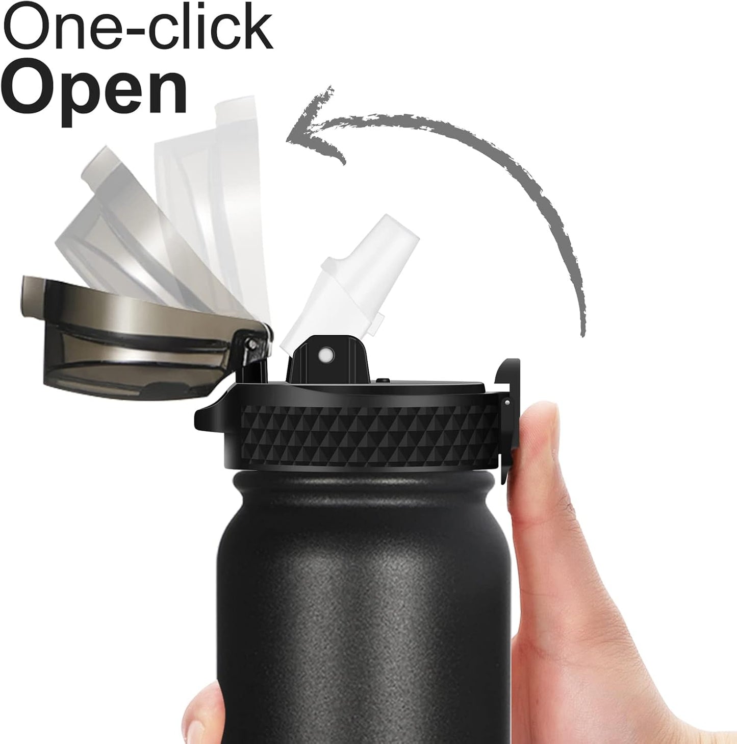 GOPPUS 20oz Insulated Stainless Steel Water Bottle with Straw Lid Reusable Leakproof Water Flask, Keeps Hot and Cold Sports Canteen Water Bottles for Kids Men Women Gym （Black 1 Lid）