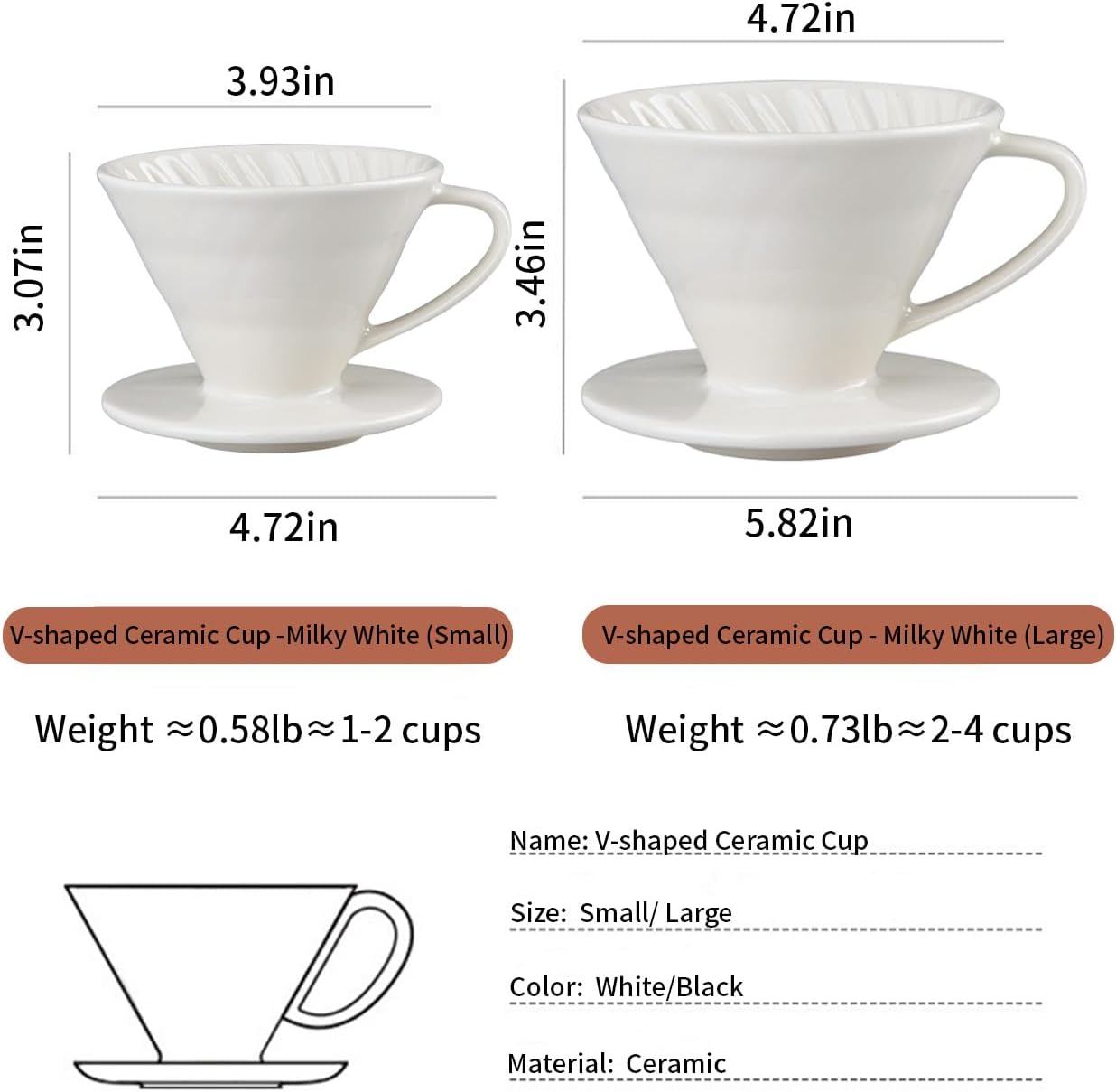 Pour Over Coffee Maker, Single Cup Coffee Dripper, Manual Porcelain Slow Brewing Accessories for Travel, Camping, Office, Home, Cafe, Coffee Gifts (Milky White, Large)