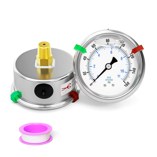 0-160psi Stainless Steel Glycerin Liquid Filled Pressure Gauge 1/4" NPT 2.5" Face Dial Center Back Mount, for Water, Oil and Air Pressure Testing (with Range Mark Pointer)