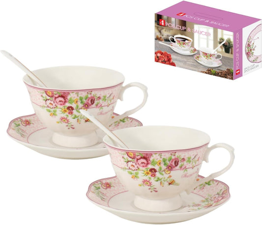 Cup and Saucer Sets of 2 with Spoon, 8oz Large Tea/Coffee Cups and Saucers New Bone China Floral Vintage Cup & Saucer Sets Porcelain Tea Latte Mugs -Microwave Dishwasher Safe