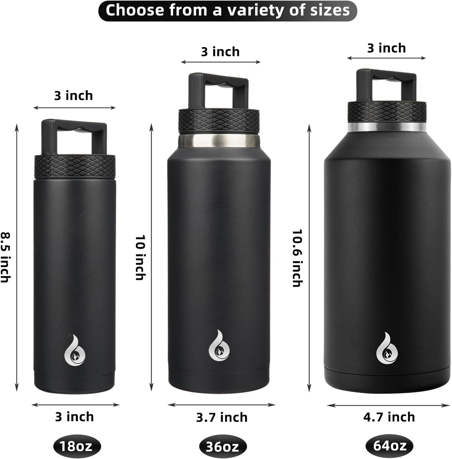 BJPKPK Insulated Water Bottles, Dishwasher Safe 18 oz Water Bottle with Handle, Leakproof BPA Free Water Jug, Stainless Steel Thermos for Sports, Black