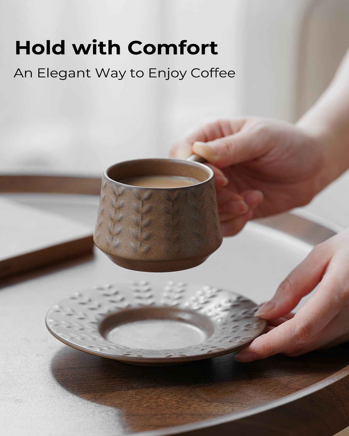 Espresso Cups Set, 4 Oz Porcelain Coffee Cups with Saucer and Metal Stand Small Cappuccino Cups Set of 6 Demitasse Cups for Espresso, Latte, Cafe Mocha, Cappuccino, and Tea, Brown