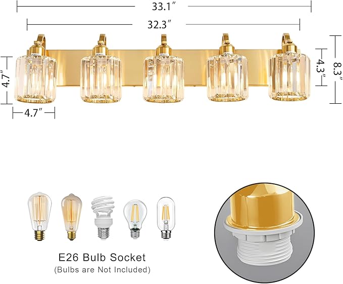 Modern Crystal Bathroom Vanity Light 5 Lights Crooked Gold Over Mirror Wall - Image 3