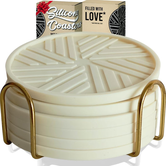 Silicone Coasters for Drinks, Set of 6 with Gold Holder and Modern Elegant Pattern, Unique Protection for Coffee Table, Living Room Decor and Housewarming Gift