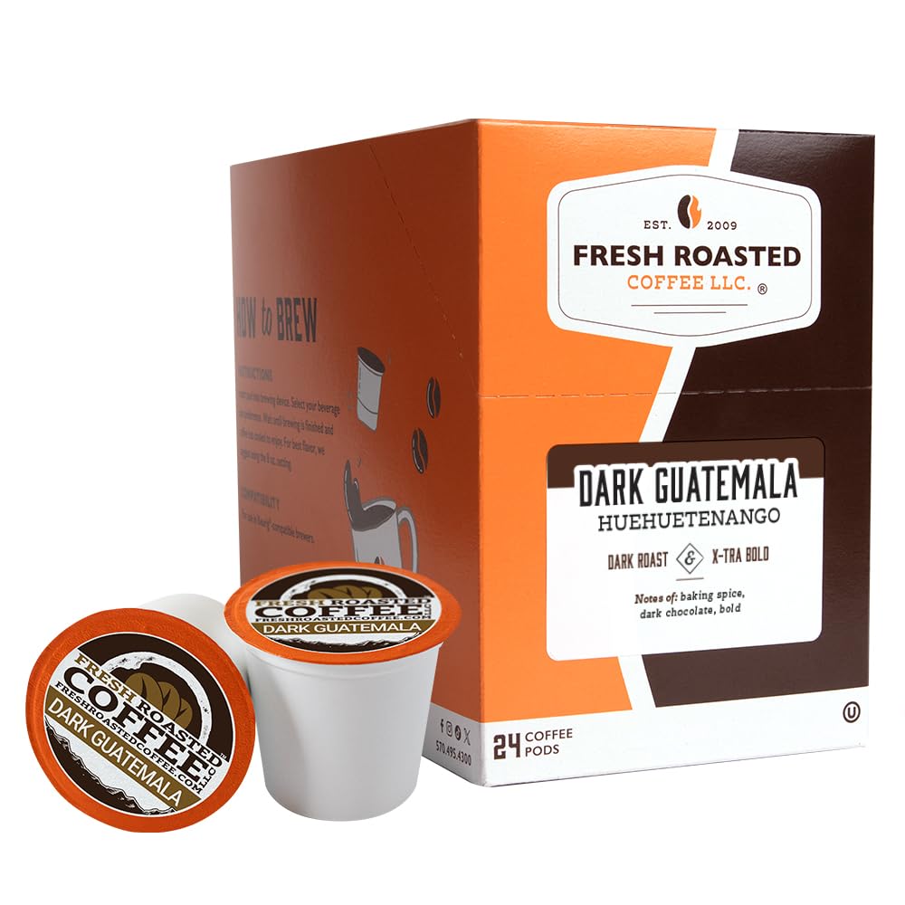 Fresh Roasted Coffee, Dark Guatemala Huehuetenango, Dark Roast, 24 Pods for K Cup Brewers