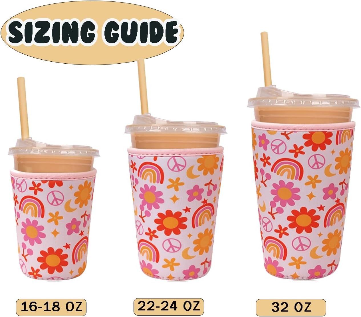 Reusable Insulated Neoprene Iced Coffee Cup Sleeve, Durable Drink Sleeve for Cold Beverages, Beverage Holder for Iced Coffee, Groovy Flower