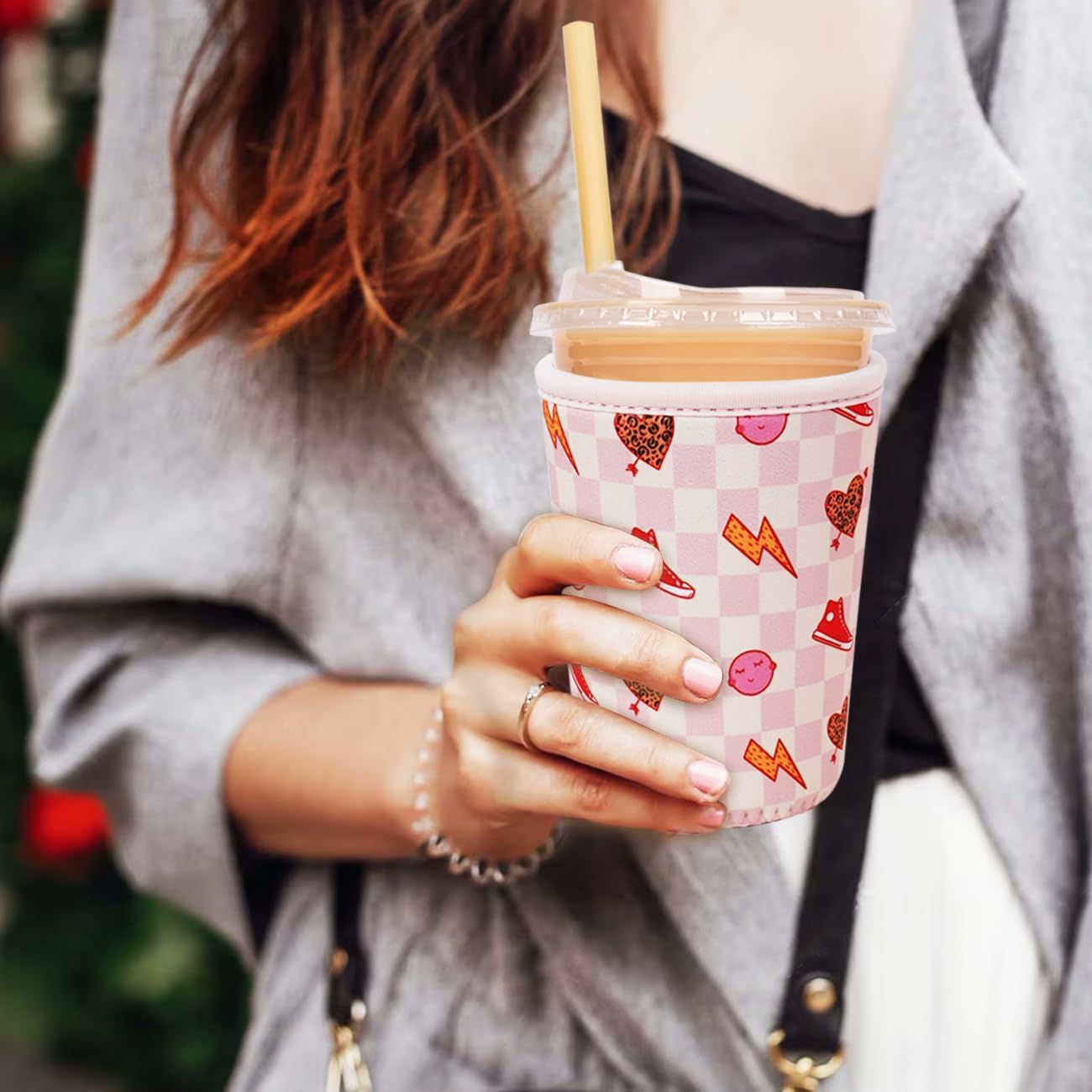 Reusable Insulated Neoprene Iced Coffee Cup Sleeve, Durable Drink Sleeve for Cold Beverages, Beverage Holder for Iced Coffee, Preppy Pink