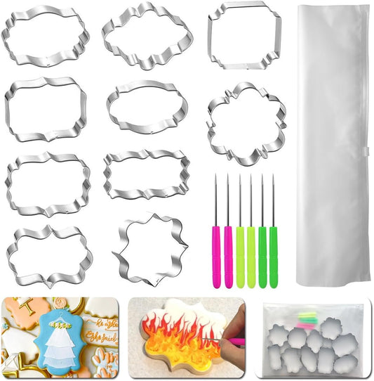 Frame Cookie Cutters 10 Shapes with 6 Cookie Scribes & 1 Storage Bag, Plaque Fondant Dough Cutters Baking Tools Kitchen Accessories for Home Daily Holiday Party