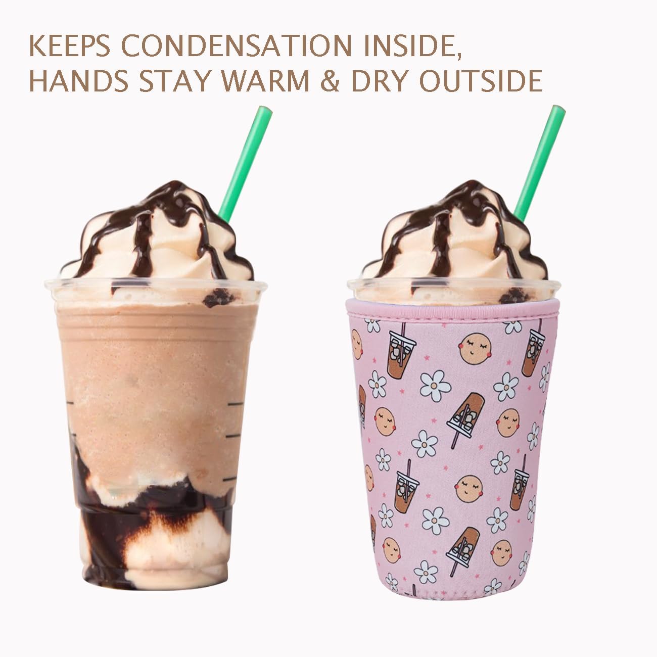 Reusable Insulated Neoprene Iced Coffee Cup Sleeve, Durable Drink Sleeve for Cold Beverages, Beverage Holder for Iced Coffee, Pink Coffee