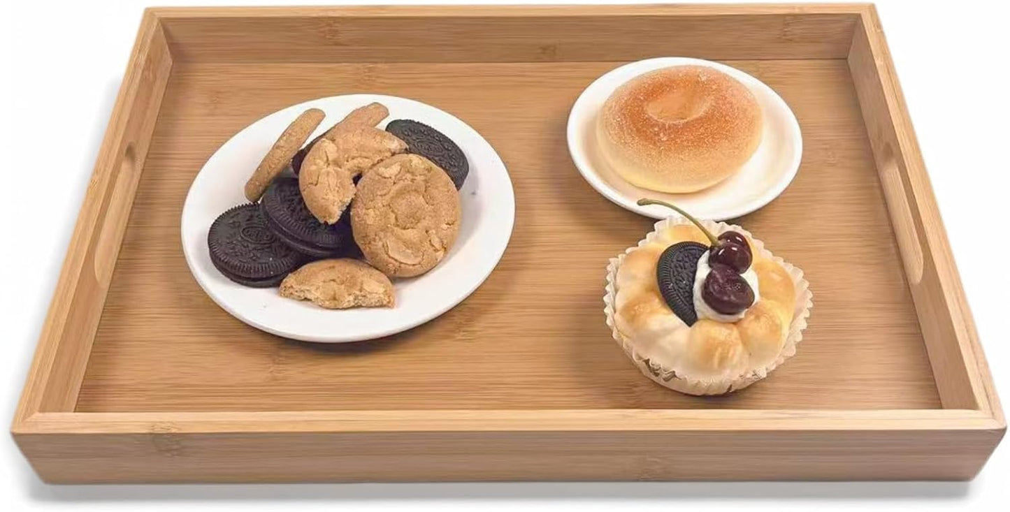 14.9''x10.2''x1.57'' Bamboo Wooden Tray with Handles, Rectangular Natural Solid Wood Dinner Tray, Bamboo Wood Original Color. Suitable for Kitchen,Bedroom, Coffee, Party bar.