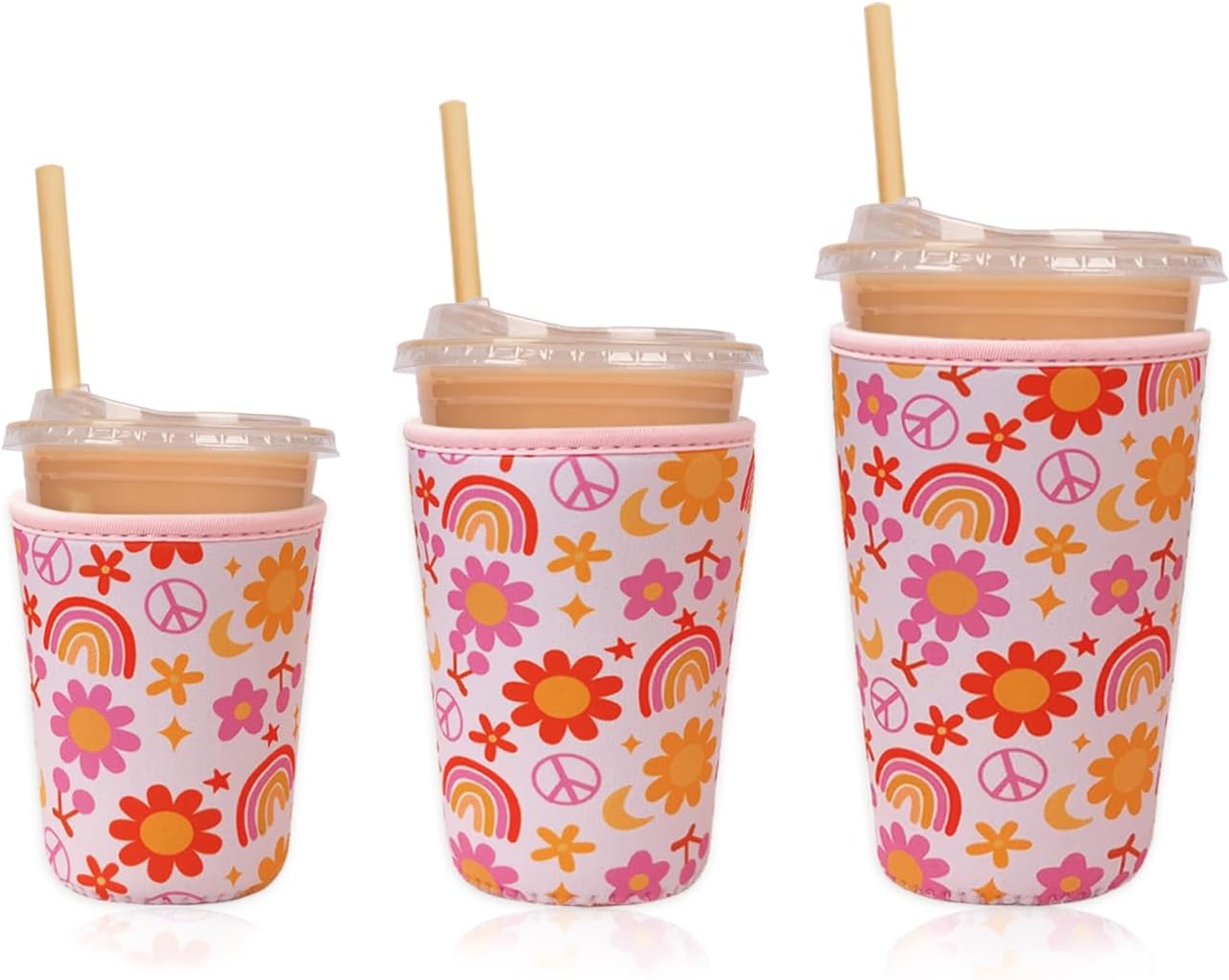 Reusable Insulated Neoprene Iced Coffee Cup Sleeve, Durable Drink Sleeve for Cold Beverages, Beverage Holder for Iced Coffee, Groovy Flower
