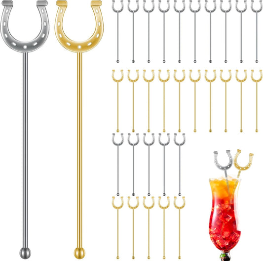 6 Inch Derby Drink Plastic Stirrers Swizzle Sticks for Cocktails Coffee Reusable U Shaped Horseshoe Drink Stirrers for Coffee Beverage Party Bar Weddings Events(Gold,silver,60 Pcs)