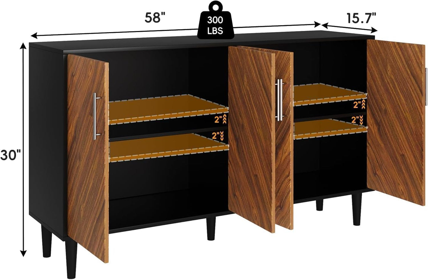 4 EVER WINNER 58" Coffee Bar Cabinet with Storage, Buffet Cabinet with 4 Large Doors, Storage Cabinet with Adjustable Shelves for Living Room, Kitchen, Black