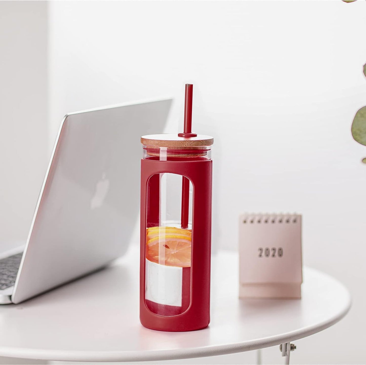 Kodrine 20oz Glass Tumbler with Straw and Lid, Iced Coffee Cups with Bamboo Lids, Glass Cups for Cold Drinks, Smoothie Cup with Silicone Sleeve for Travel, Work, BPA FREE-Barbados Cherry