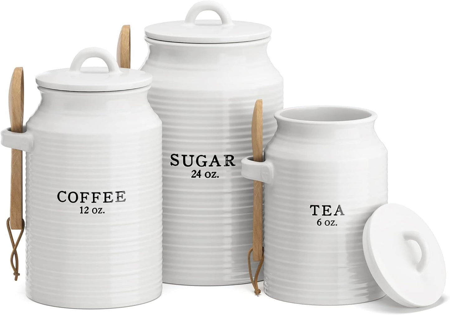 Barnyard Designs Canister Set for Kitchen Counter, Coffee Tea Sugar Container Ceramic Set, Decorative Canisters, Rustic Farmhouse Canister Jars, White (Coffee/Sugar/Tea)