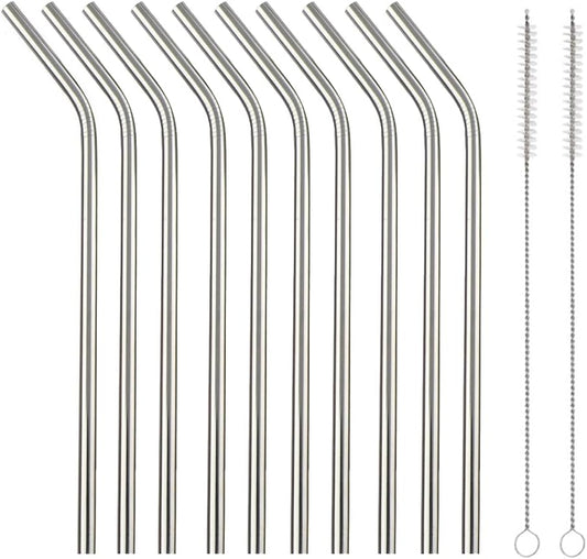 10 Pcs Stainless Steel Straws, Reusable Drinking Straws, Bent Metal Straw Sets with 2 Pcs Cleaning Brushes (Silver, 10.5 Inch)