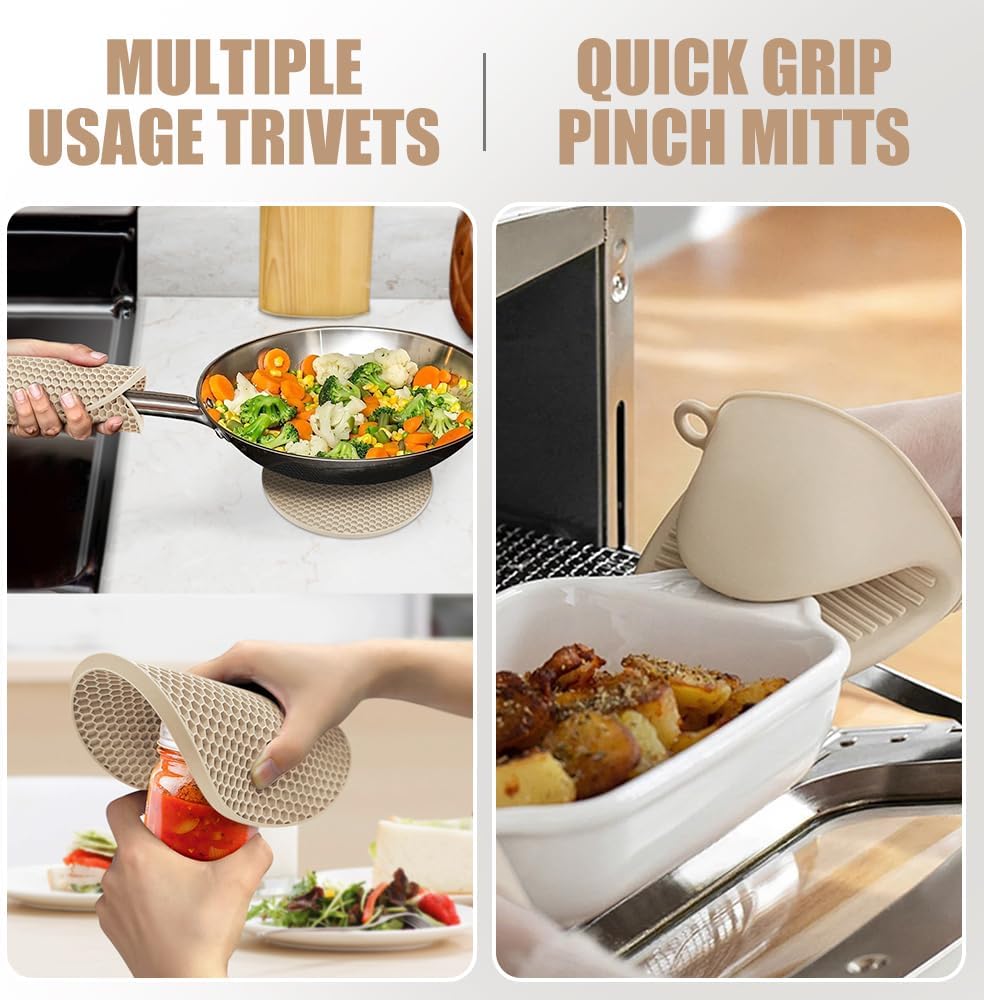 Rorecay Oven Mitts and Pot Holders Sets 6pcs, Extra Long Kitchen Silicone Oven Gloves High Heat Resistant 500 Degrees Non-Slip Potholders Hot Pads for Baking Cooking, Milkshake