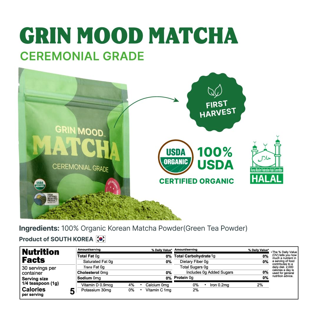 GRIN MOOD Matcha Organic Green Tea Powder - Decaffeinated Green Tea, Authentic Korean Matcha, Halal (1.06oz, Ceremonial Grade)