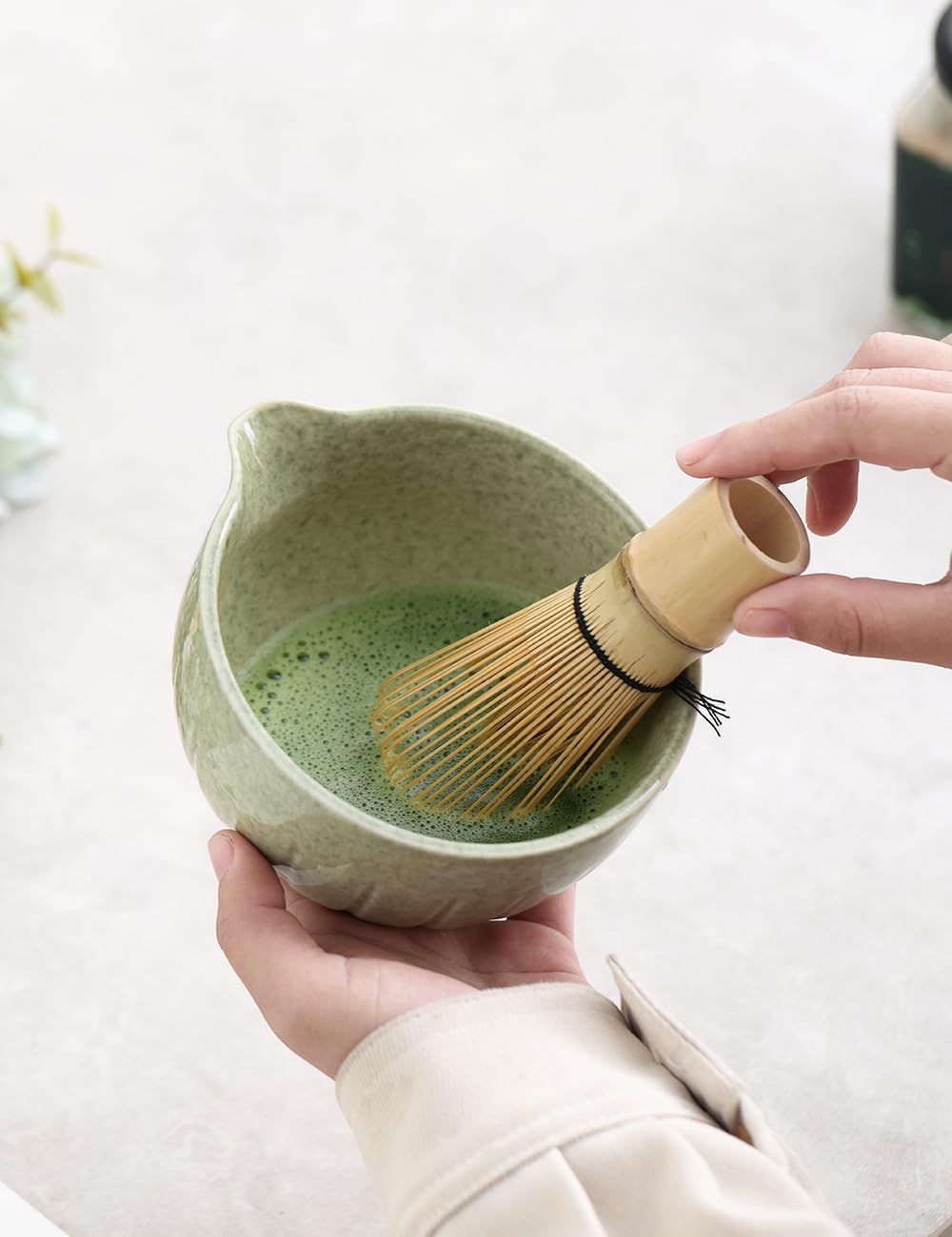 TANG PIN Matcha Set - Match Bowl with Spout and Whisk, 15 OZ, Matcha Scoop | Matcha Whisk Stand (Chasen Holder) - 4pc Perfect Matcha Kit for Matcha Tea Ceremony (Mottled Green)