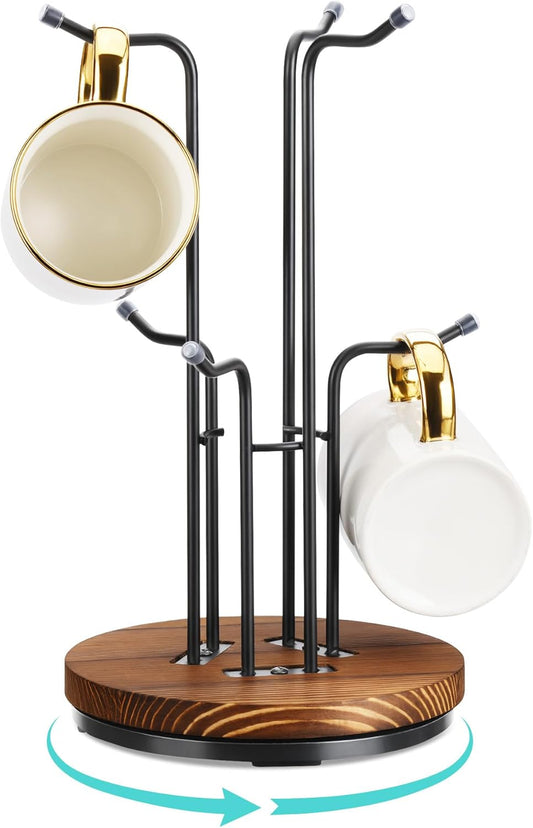 HULISEN 360° Rotating Mug Tree for Large Cups, Counter Coffee Mug Holder with 6 Hooks, Metal Coffee Cup Rack Stand for Countertop with Stable Wooden Base, Kitchen Counter Decor
