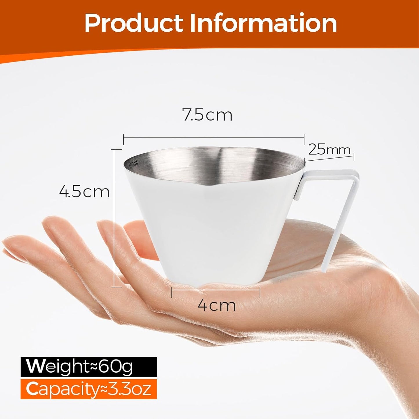 YARRAMATE Stainless Steel Espresso Shot Cup, Double Spout Metal Espresso Measuring Cup with V-Shaped Mouth, Espresso Accessories, 3.4OZ/100ML (White)