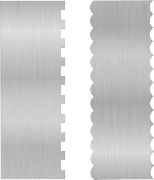 2 Pieces 8.7 Inche Stainless Steel Cake Scraper，Double Sided Patterned Edge Stripe Edge Smoother Scraper Cake Decorating，Cake Decorating Comb Cake Scraper (2, 2)