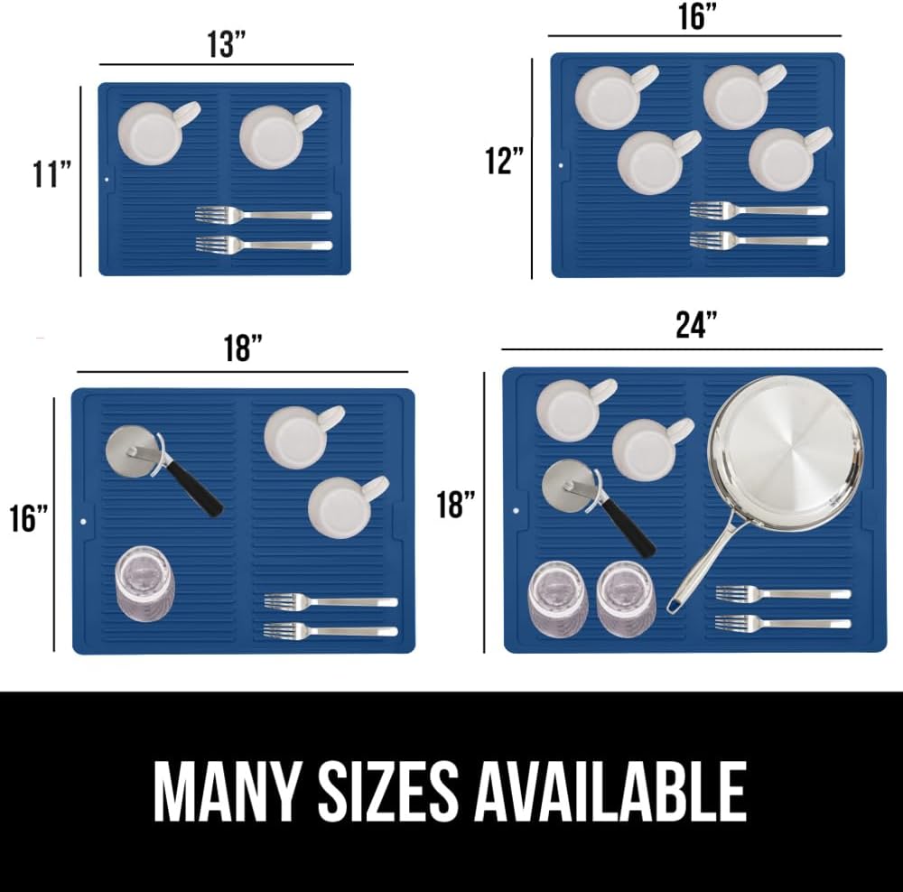 GORILLA GRIP 100% BPA-Free Patented Silicone Dish Drying Mat for Kitchen Counter, Water Catching Ribbed Design, Easy Clean Waterproof Sink Liner, Heat Resistant, Fits Under Rack, 16x12 Inch, Blue