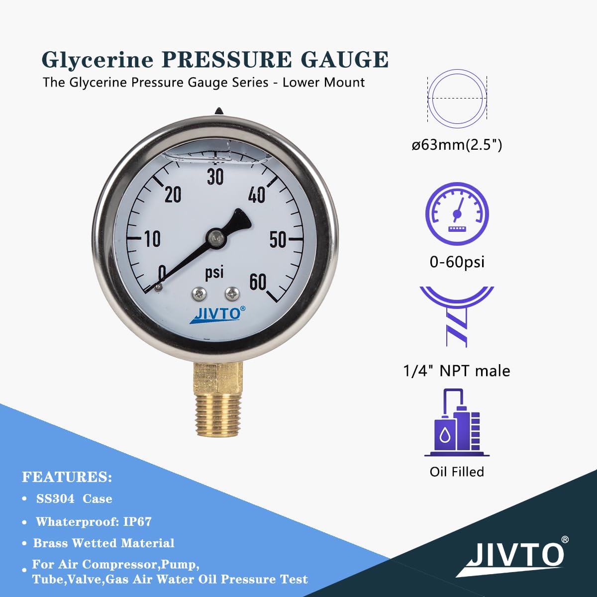 Pressure Gauge,Glycerin Liquid Filled,2.5" Dia,0-60 psi(Single Scale),1/4" NPT Brass Connection,Lower Mount, Stainless Steel Case,for Pneumatic,Pump,Hose,Well Tank,Gas Air Water Oil