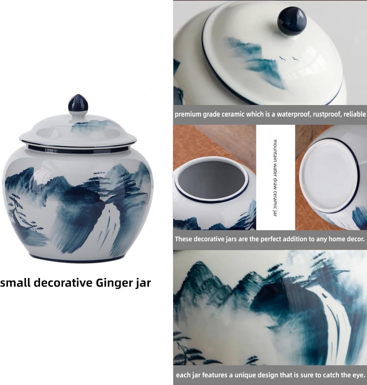 5 inches Ginger jar Lid- blue mountain decorative Ceramic Ginger jar vase with Lid， chinoiserie gift small jars for Home decor/jewelry/Tea/coffee beans/Storage
