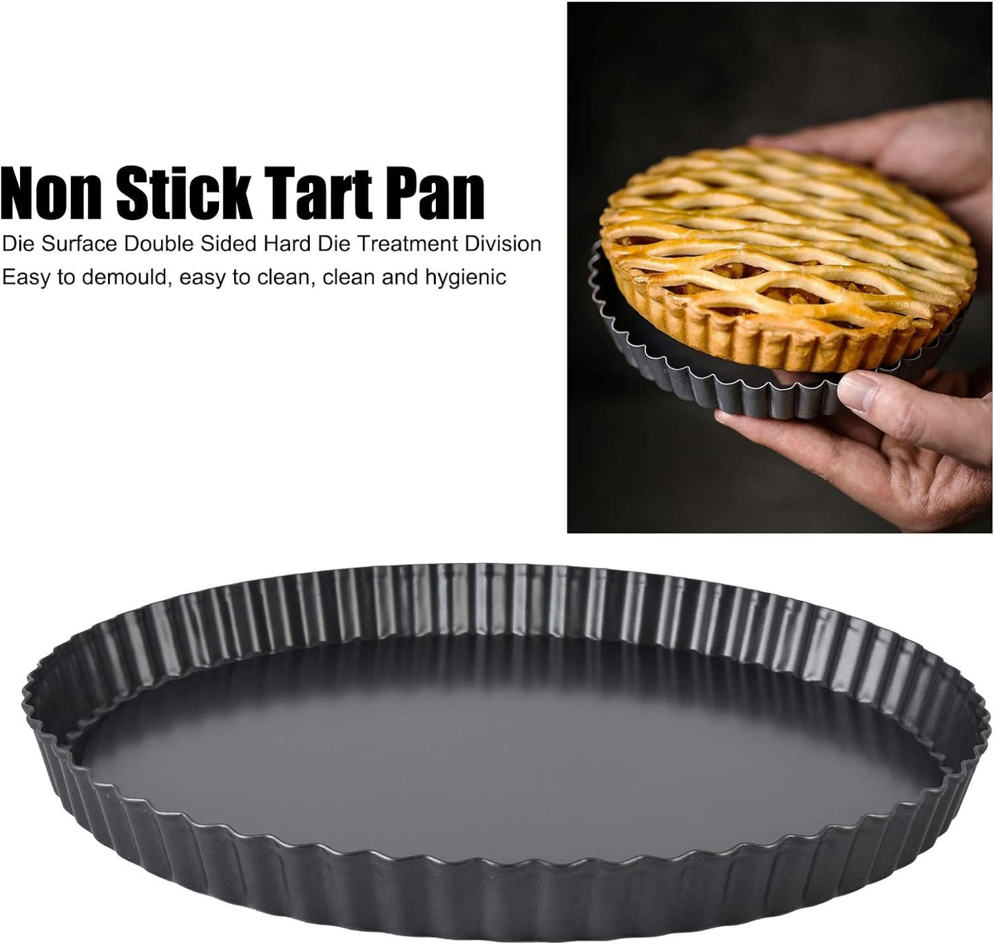 Fluted Tart Pan with Removable Bottom, Carbon Steel Round Tart Pan, Deep Baking Dish Pie Plate for Cakes Pies ([Thickened] 10-inch live bottom pie plate)
