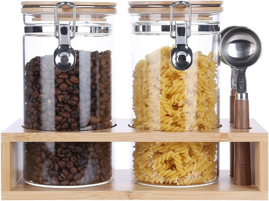 KKC Glass Coffee and Sugar Containers with Airtight Hinged Lids,Sealed Glass Jar Canisters with Scoops for Ground Coffee,Beans,Loose Leaf Tea,Nuts,Matcha,40 Fl oz