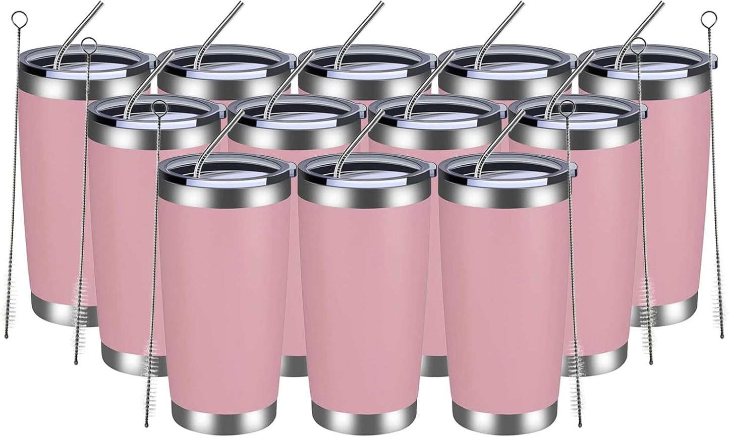 MEWAY 20oz Tumbler 12 Pack Double Wall Vacuum Insulated Travel Mug Bulk, Stainless Steel Tumblers with Lid and Straw, Durable Powder Coated Coffee Cups for Cold & Hot Drinks (Pink, 12)