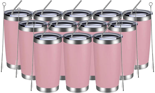 MEWAY 20oz Tumbler 12 Pack Double Wall Vacuum Insulated Travel Mug Bulk, Stainless Steel Tumblers with Lid and Straw, Durable Powder Coated Coffee Cups for Cold & Hot Drinks (Pink, 12)