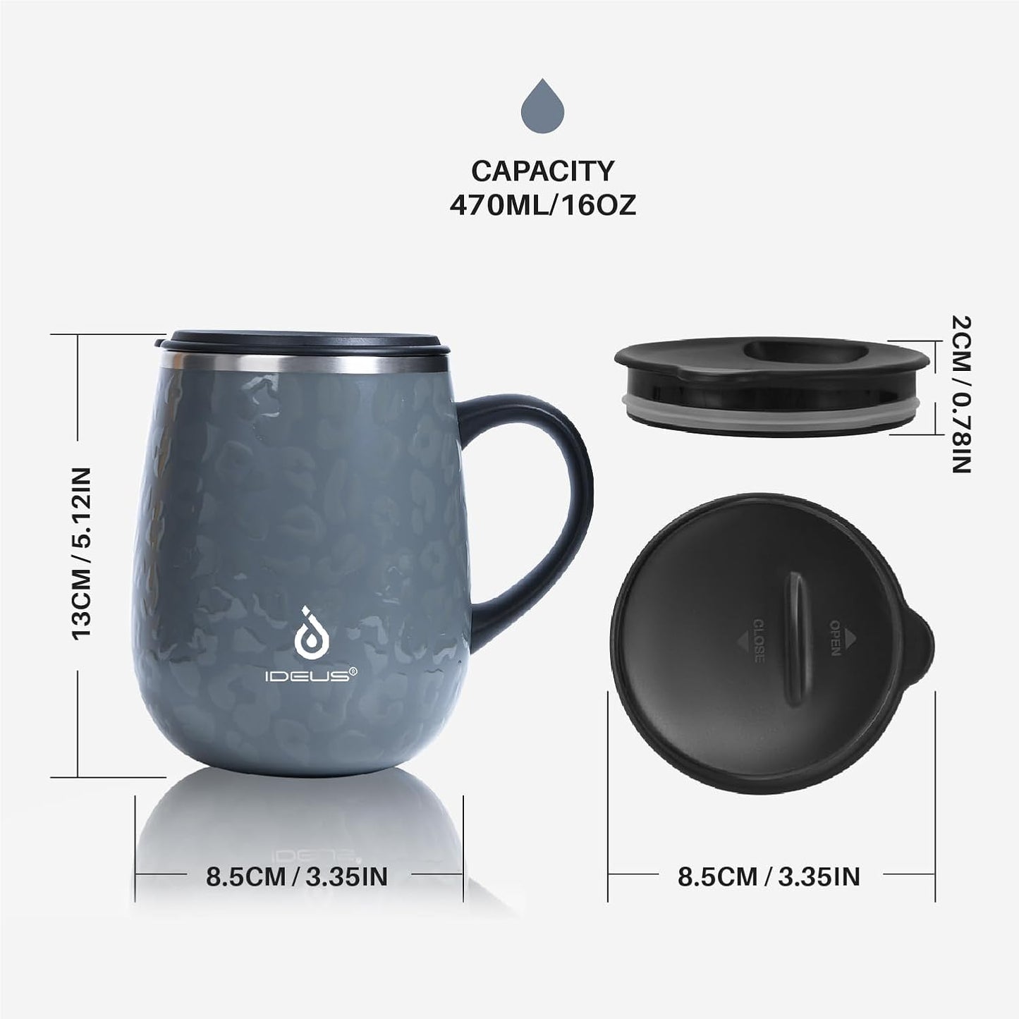 Ideus 16 oz Insulated Coffee Mug with Handle and Lid, Double Wall Stainless Steel Vacuum Thermal Coffee Mug, Travel Coffee Cup Thermal Cup for Home and Office, Leopard Gray
