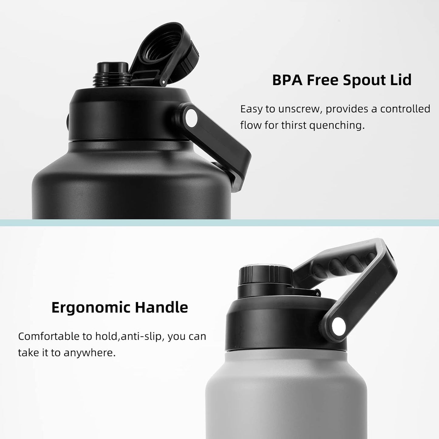 BJPKPK One Gallon(128 oz) Insulated Water Bottle, Dishwasher Safe Stainless Steel Thermos, BPA Free Jug with Ergonomic Handle & Anti-slip Bottom, Large Water Bottle, Grey