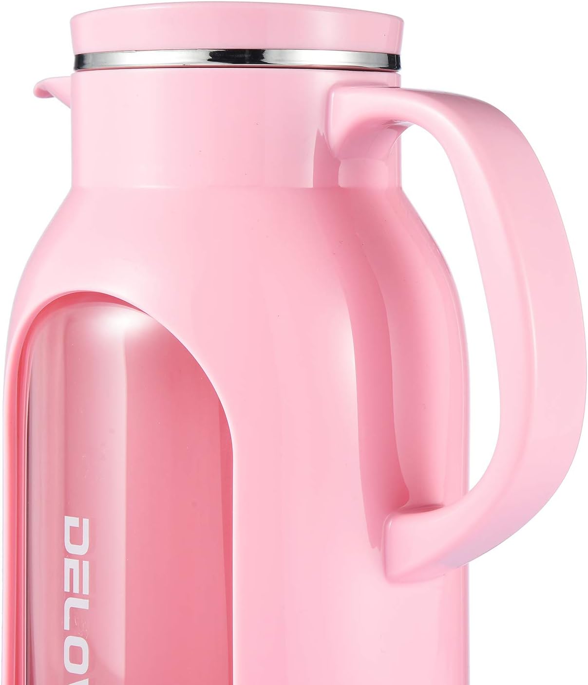 Delove 68 oz/2 Liter Glass Pitcher with Shatterproof Shell - Heat Resistant Glass Liner - Stainless Steel Lid - Carafe & Jug for Iced Tea,Hot/Cold Water,Homemade Juice Beverages (Pink)