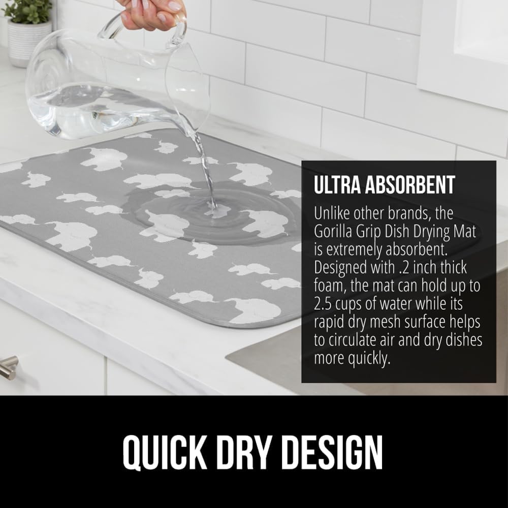 GORILLA GRIP Ultra Water Absorbent Microfiber Dish Drying Mat, Quick Dry Thick Mesh, Slip Resistant Pad for Sink Dishes or Under Rack, Kitchen Counter Accessories, 16x18, Machine Wash Mats, Elephants