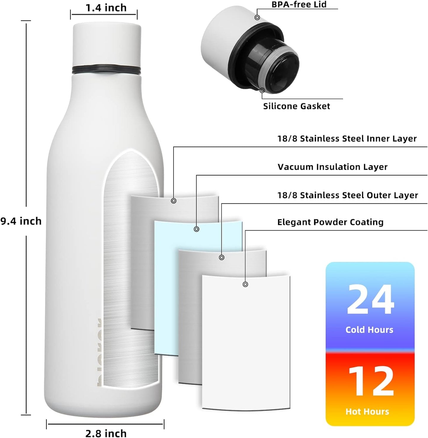 BJPKPK Insulated Water Bottles, 18 oz Stainless Steel Metal Water Bottle with Strap, BPA Free Leak Proof Thermos, Mugs, Flasks, Reusable Water Bottle for Sports & Travel, White